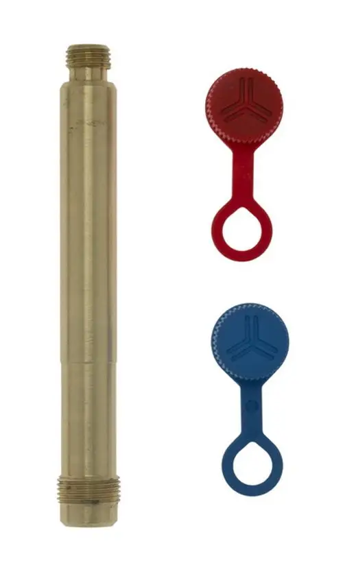 Messnippel aus Messing mit zwei farbigen Kunststoffkappen (rot und blau) von IMI Hydronic Engineering, zur Anbringung an Heizungsanlagen oder -systemen.